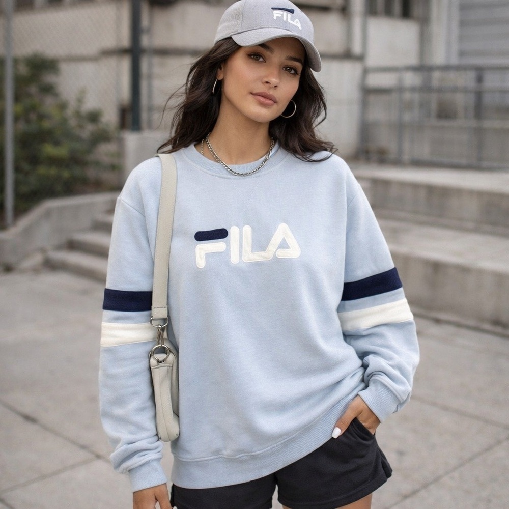 Fila Baby Blue Crewneck Sweatshirt | Women's XL | Logo Stripe Sleeves‎